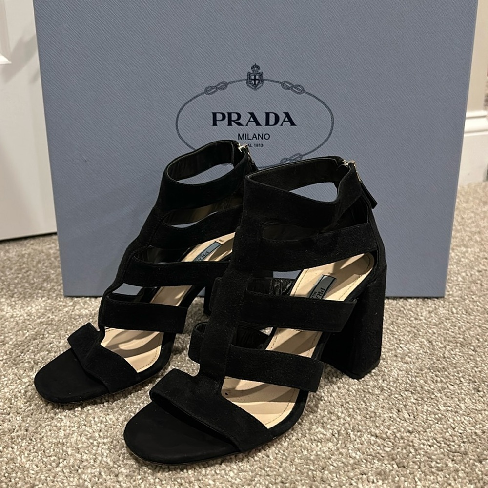 Prada Suede Gladiator Block Heel Sandals Black Sz 36
